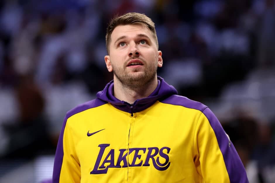 Luka Doncic #77 of the Los Angeles Lakers warms up before the game against the Dallas Mavericks at American Airlines Center on April 09, 2025 in Dallas, Texas.