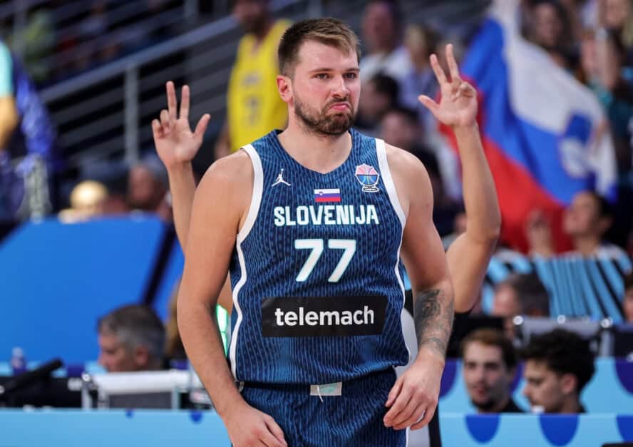Luka Doncic of Slovenia reacts during the Round of 16 FIBA Eurobasket 2025 game between Italy and Slovenia at Arena Riga on September 07, 2025 in Riga, Latvia.